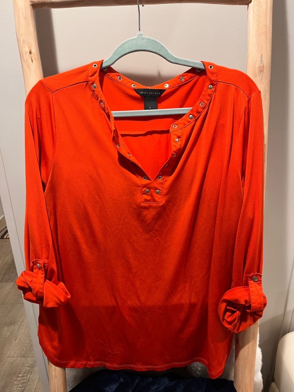Investments Vibrant Orange Snap-Trim V-Neck Roll-Tab Blouse